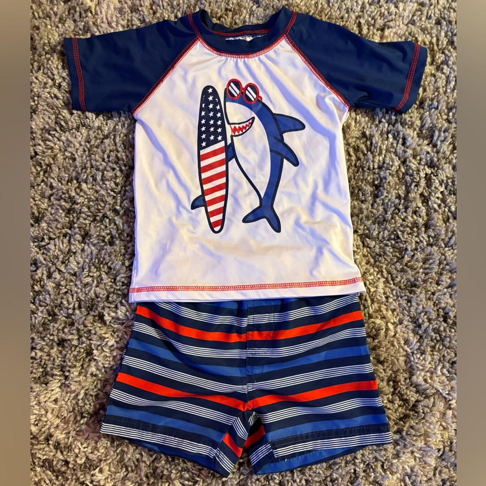 Quad Seven Shark Kids Rash-guard Swim Set - Navy and‎ Red